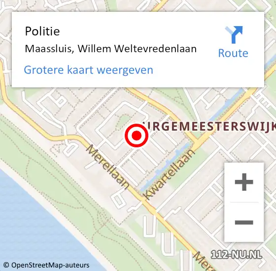 Locatie op kaart van de 112 melding: Politie Maassluis, Willem Weltevredenlaan op 17 oktober 2024 04:07