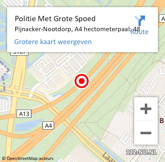 Locatie op kaart van de 112 melding: Politie Met Grote Spoed Naar Pijnacker-Nootdorp, A4 hectometerpaal: 48 op 17 oktober 2024 04:17