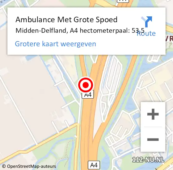 Locatie op kaart van de 112 melding: Ambulance Met Grote Spoed Naar Midden-Delfland, A4 hectometerpaal: 53,5 op 17 oktober 2024 06:15