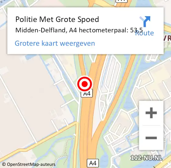 Locatie op kaart van de 112 melding: Politie Met Grote Spoed Naar Midden-Delfland, A4 hectometerpaal: 53,5 op 17 oktober 2024 06:15