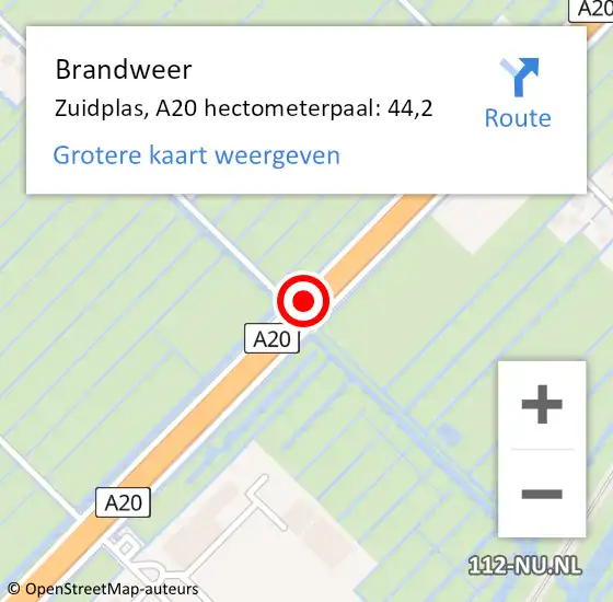 Locatie op kaart van de 112 melding: Brandweer Zuidplas, A20 hectometerpaal: 44,2 op 17 oktober 2024 06:30