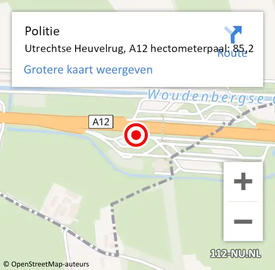 Locatie op kaart van de 112 melding: Politie Utrechtse Heuvelrug, A12 hectometerpaal: 85,2 op 17 oktober 2024 07:13