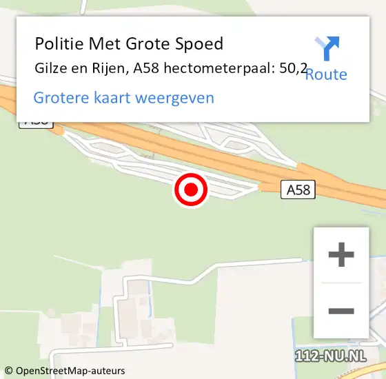 Locatie op kaart van de 112 melding: Politie Met Grote Spoed Naar Gilze en Rijen, A58 hectometerpaal: 50,2 op 17 oktober 2024 07:18