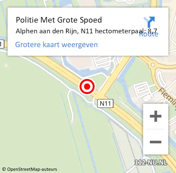 Locatie op kaart van de 112 melding: Politie Met Grote Spoed Naar Alphen aan den Rijn, N11 hectometerpaal: 8,7 op 17 oktober 2024 07:25