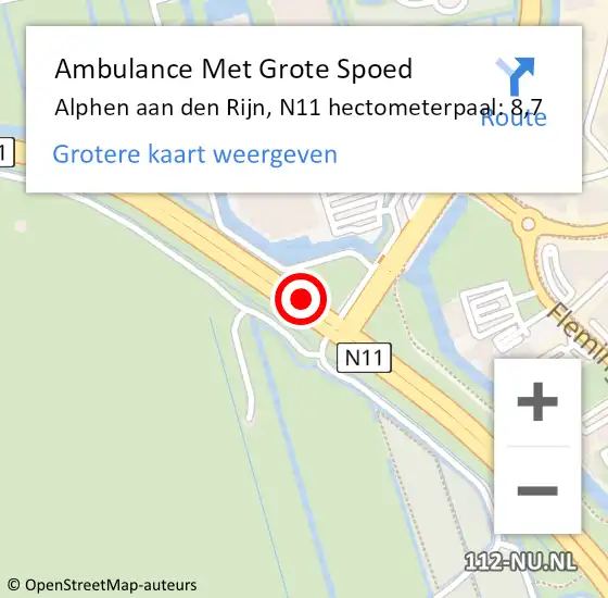 Locatie op kaart van de 112 melding: Ambulance Met Grote Spoed Naar Alphen aan den Rijn, N11 hectometerpaal: 8,7 op 17 oktober 2024 07:27