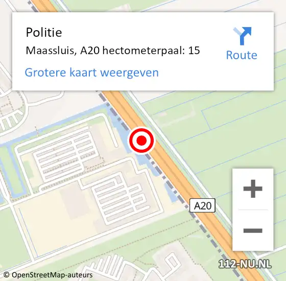 Locatie op kaart van de 112 melding: Politie Maassluis, A20 hectometerpaal: 15 op 17 oktober 2024 07:30