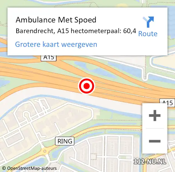 Locatie op kaart van de 112 melding: Ambulance Met Spoed Naar Barendrecht, A15 hectometerpaal: 60,4 op 17 oktober 2024 07:44