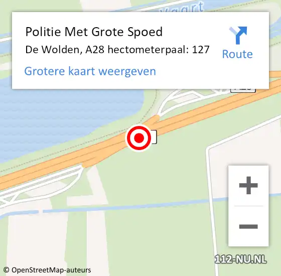 Locatie op kaart van de 112 melding: Politie Met Grote Spoed Naar De Wolden, A28 hectometerpaal: 127 op 17 oktober 2024 07:44