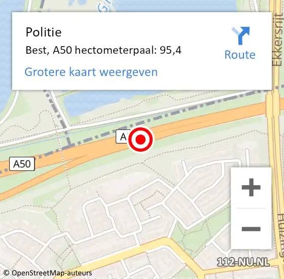 Locatie op kaart van de 112 melding: Politie Best, A50 hectometerpaal: 95,4 op 17 oktober 2024 07:48