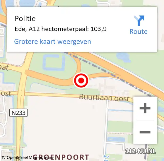 Locatie op kaart van de 112 melding: Politie Ede, A12 hectometerpaal: 103,9 op 17 oktober 2024 07:52