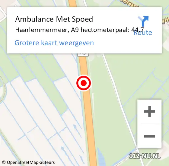 Locatie op kaart van de 112 melding: Ambulance Met Spoed Naar Haarlemmermeer, A9 hectometerpaal: 44,7 op 17 oktober 2024 07:55