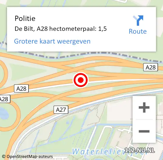 Locatie op kaart van de 112 melding: Politie De Bilt, A28 hectometerpaal: 1,5 op 17 oktober 2024 08:33