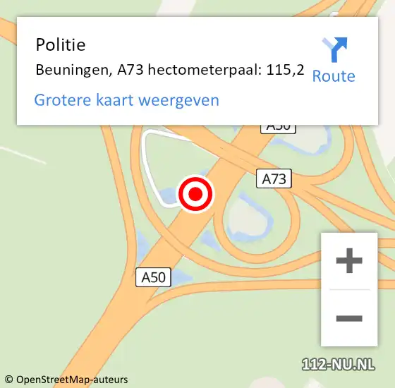 Locatie op kaart van de 112 melding: Politie Beuningen, A73 hectometerpaal: 115,2 op 17 oktober 2024 08:39