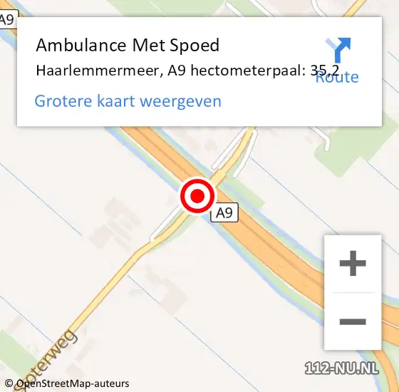 Locatie op kaart van de 112 melding: Ambulance Met Spoed Naar Haarlemmermeer, A9 hectometerpaal: 35,2 op 17 oktober 2024 09:14