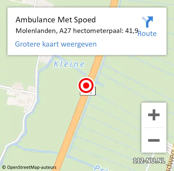 Locatie op kaart van de 112 melding: Ambulance Met Spoed Naar Molenlanden, A27 hectometerpaal: 41,9 op 17 oktober 2024 09:27