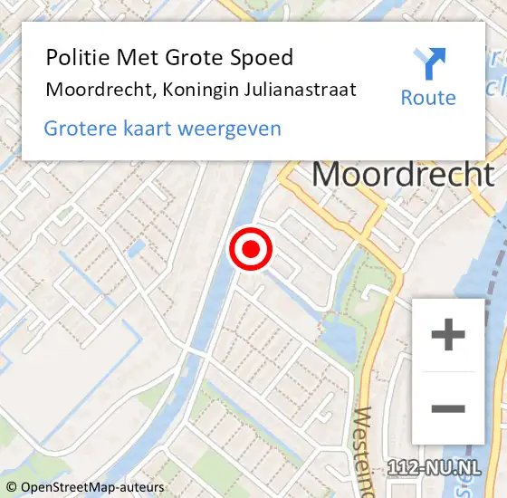 Locatie op kaart van de 112 melding: Politie Met Grote Spoed Naar Moordrecht, Koningin Julianastraat op 17 oktober 2024 11:30