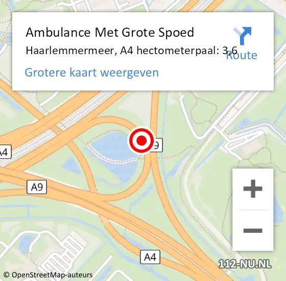 Locatie op kaart van de 112 melding: Ambulance Met Grote Spoed Naar Haarlemmermeer, A4 hectometerpaal: 3,6 op 17 oktober 2024 12:02