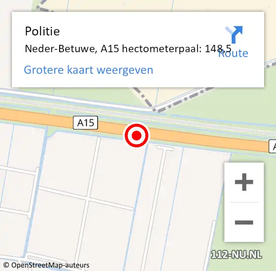 Locatie op kaart van de 112 melding: Politie Neder-Betuwe, A15 hectometerpaal: 148,5 op 17 oktober 2024 12:44