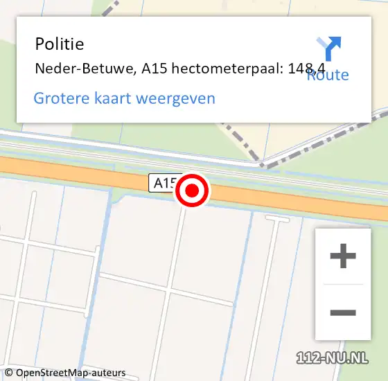 Locatie op kaart van de 112 melding: Politie Neder-Betuwe, A15 hectometerpaal: 148,4 op 17 oktober 2024 12:44