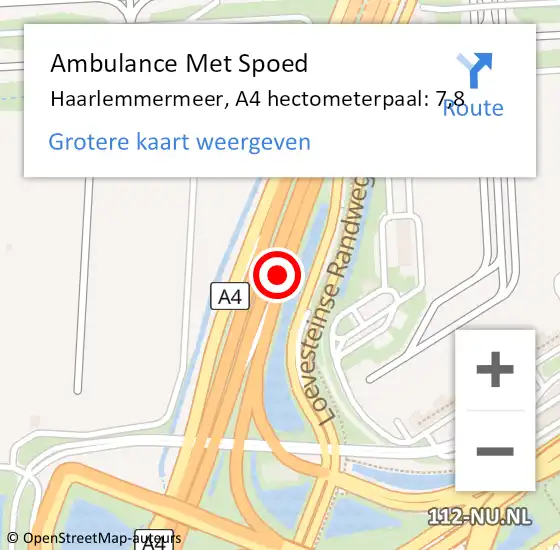 Locatie op kaart van de 112 melding: Ambulance Met Spoed Naar Haarlemmermeer, A4 hectometerpaal: 7,8 op 17 oktober 2024 13:04