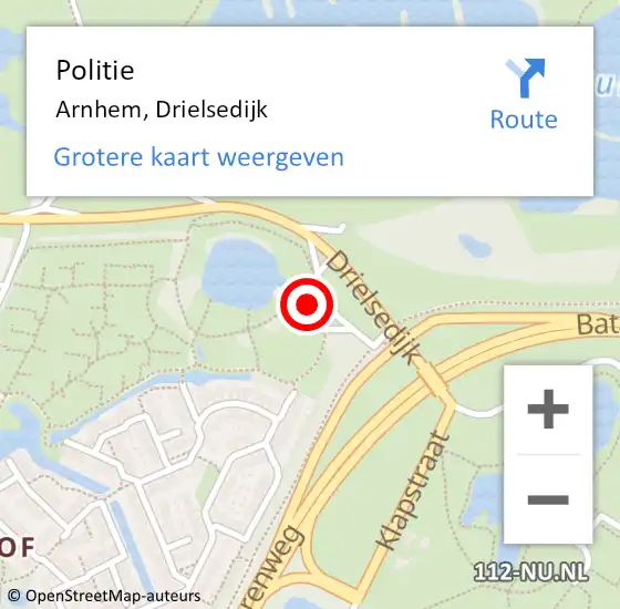 Locatie op kaart van de 112 melding: Politie Arnhem, Drielsedijk op 17 oktober 2024 14:54