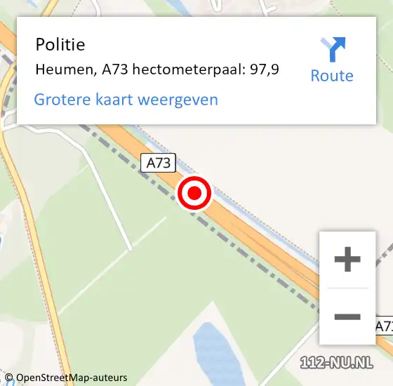 Locatie op kaart van de 112 melding: Politie Heumen, A73 hectometerpaal: 97,9 op 17 oktober 2024 15:04