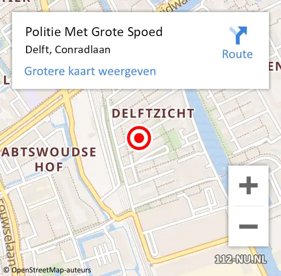 Locatie op kaart van de 112 melding: Politie Met Grote Spoed Naar Delft, Conradlaan op 17 oktober 2024 15:13