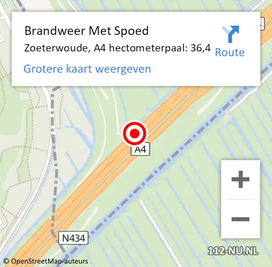 Locatie op kaart van de 112 melding: Brandweer Met Spoed Naar Zoeterwoude, A4 hectometerpaal: 36,4 op 17 oktober 2024 15:28