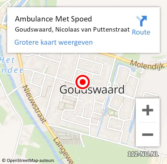 Locatie op kaart van de 112 melding: Ambulance Met Spoed Naar Goudswaard, Nicolaas van Puttenstraat op 17 oktober 2024 15:52