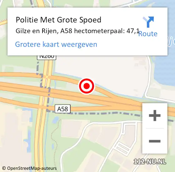 Locatie op kaart van de 112 melding: Politie Met Grote Spoed Naar Gilze en Rijen, A58 hectometerpaal: 47,1 op 17 oktober 2024 16:08