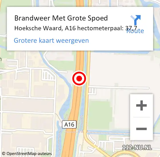 Locatie op kaart van de 112 melding: Brandweer Met Grote Spoed Naar Hoeksche Waard, A16 hectometerpaal: 37,7 op 17 oktober 2024 16:13