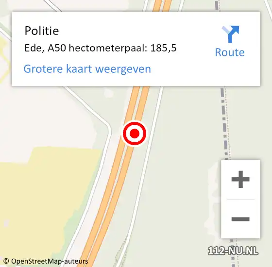 Locatie op kaart van de 112 melding: Politie Ede, A50 hectometerpaal: 185,5 op 17 oktober 2024 16:21