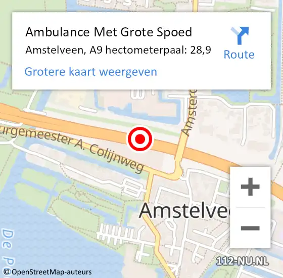 Locatie op kaart van de 112 melding: Ambulance Met Grote Spoed Naar Amstelveen, A9 hectometerpaal: 28,9 op 17 oktober 2024 18:01