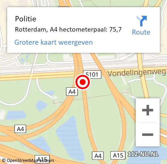 Locatie op kaart van de 112 melding: Politie Rotterdam, A4 hectometerpaal: 75,7 op 17 oktober 2024 18:29