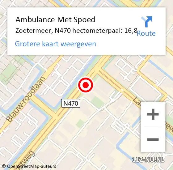 Locatie op kaart van de 112 melding: Ambulance Met Spoed Naar Zoetermeer, N470 hectometerpaal: 16,8 op 17 oktober 2024 18:40