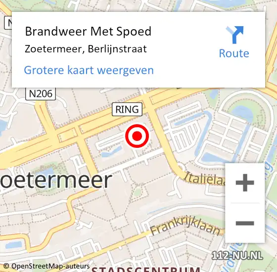 Locatie op kaart van de 112 melding: Brandweer Met Spoed Naar Zoetermeer, Berlijnstraat op 17 oktober 2024 19:15