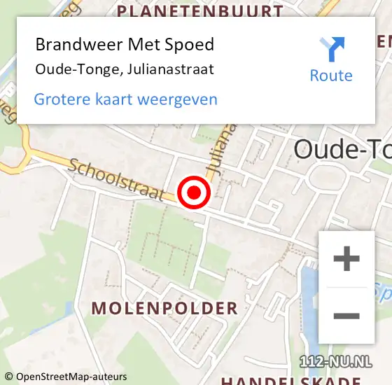 Locatie op kaart van de 112 melding: Brandweer Met Spoed Naar Oude-Tonge, Julianastraat op 17 oktober 2024 19:20