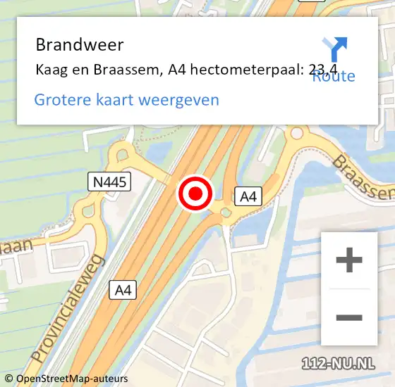 Locatie op kaart van de 112 melding: Brandweer Kaag en Braassem, A4 hectometerpaal: 23,4 op 17 oktober 2024 19:36