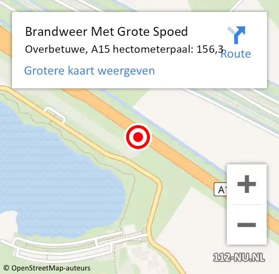 Locatie op kaart van de 112 melding: Brandweer Met Grote Spoed Naar Overbetuwe, A15 hectometerpaal: 156,3 op 17 oktober 2024 19:38