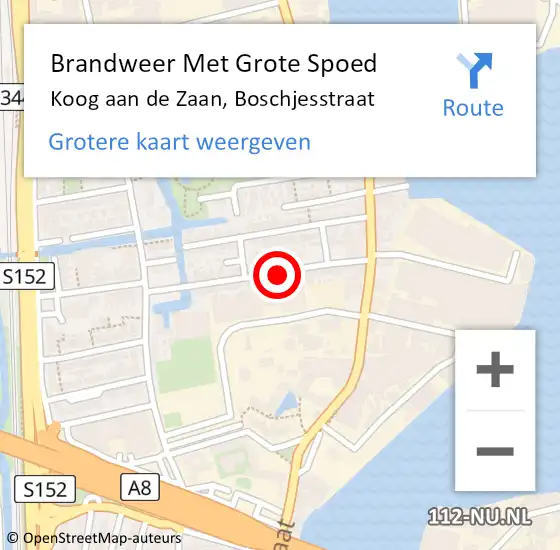 Locatie op kaart van de 112 melding: Brandweer Met Grote Spoed Naar Koog aan de Zaan, Boschjesstraat op 17 oktober 2024 19:54