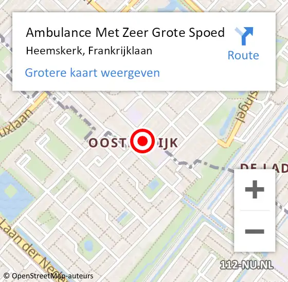 Locatie op kaart van de 112 melding: Ambulance Met Zeer Grote Spoed Naar Heemskerk, Frankrijklaan op 17 oktober 2024 21:10