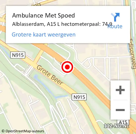 Locatie op kaart van de 112 melding: Ambulance Met Spoed Naar Alblasserdam, A15 R hectometerpaal: 75,6 op 23 oktober 2014 19:25