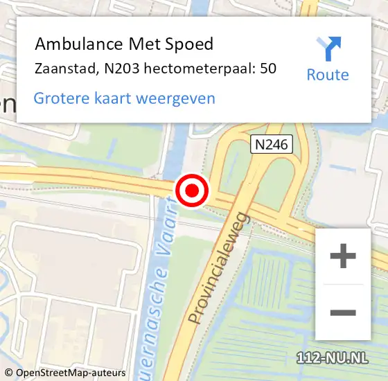 Locatie op kaart van de 112 melding: Ambulance Met Spoed Naar Zaanstad, N203 hectometerpaal: 50 op 17 oktober 2024 22:14