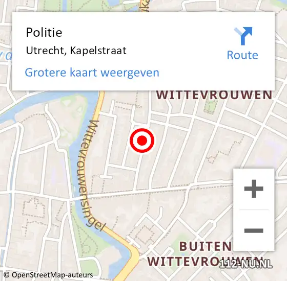 Locatie op kaart van de 112 melding: Politie Utrecht, Kapelstraat op 17 oktober 2024 22:24