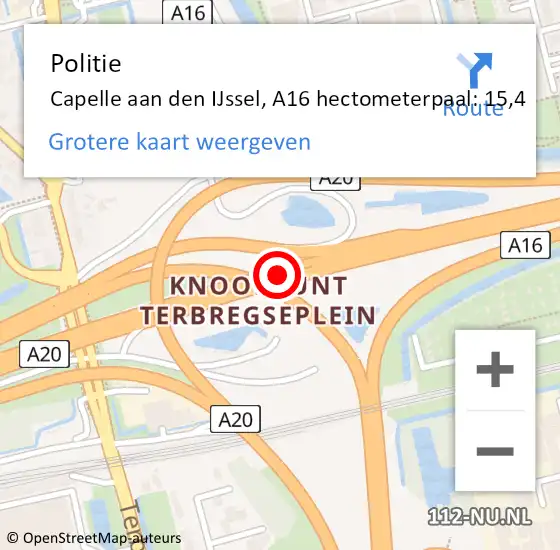 Locatie op kaart van de 112 melding: Politie Capelle aan den IJssel, A16 hectometerpaal: 15,4 op 18 oktober 2024 01:32