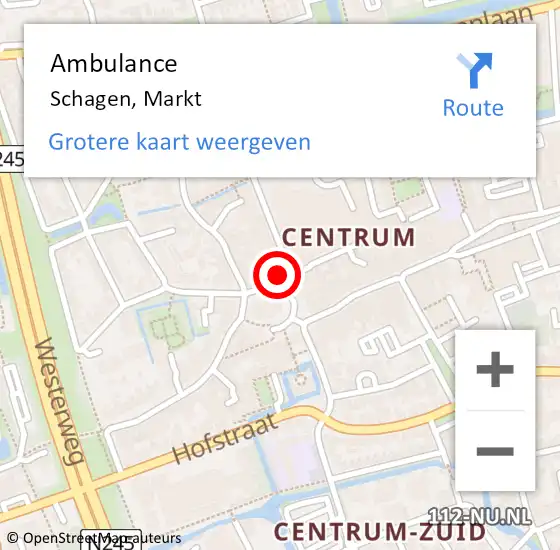 Locatie op kaart van de 112 melding: Ambulance Schagen, Markt op 18 oktober 2024 01:42