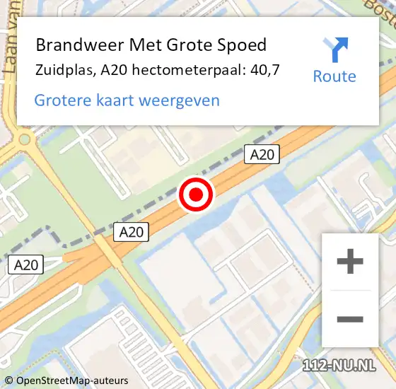 Locatie op kaart van de 112 melding: Brandweer Met Grote Spoed Naar Zuidplas, A20 hectometerpaal: 40,7 op 18 oktober 2024 06:51