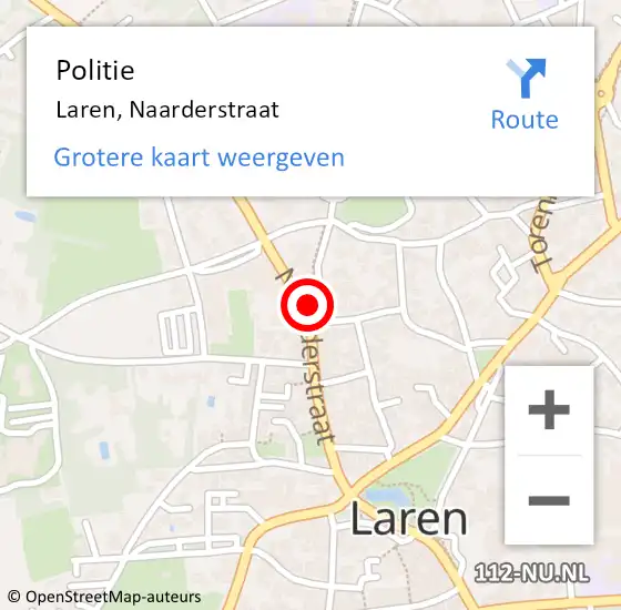 Locatie op kaart van de 112 melding: Politie Laren, Naarderstraat op 18 oktober 2024 08:19