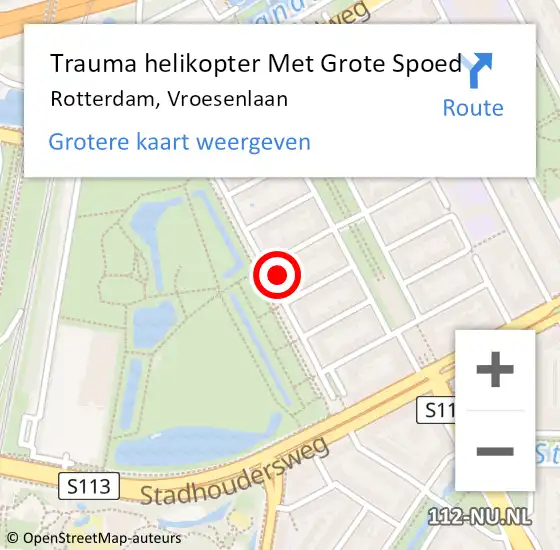 Locatie op kaart van de 112 melding: Trauma helikopter Met Grote Spoed Naar Rotterdam, Vroesenlaan op 18 oktober 2024 08:59