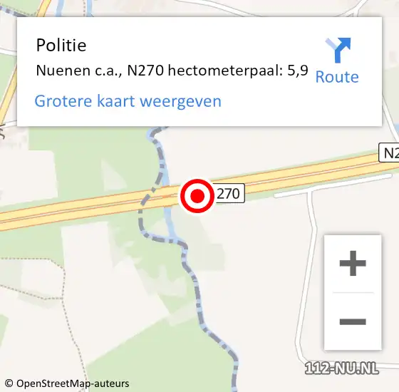 Locatie op kaart van de 112 melding: Politie Nuenen c.a., N270 hectometerpaal: 5,9 op 18 oktober 2024 09:04